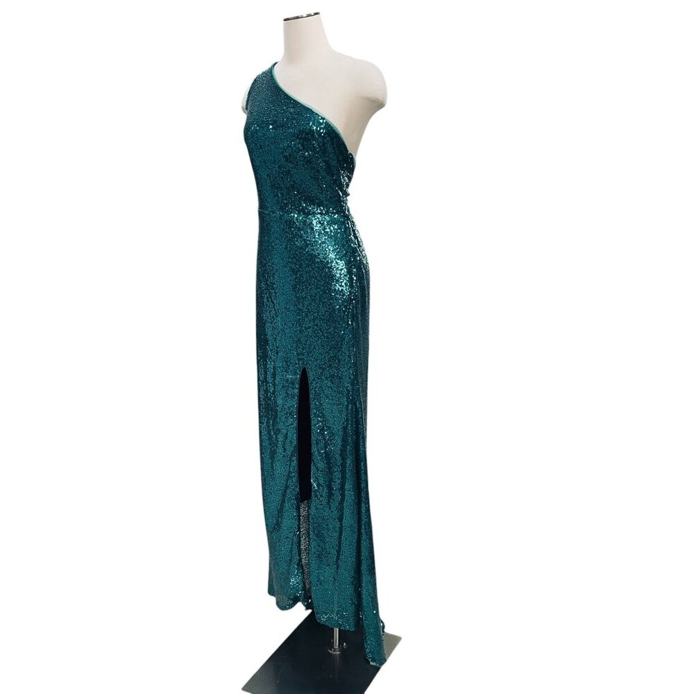 Teal Sequin One Shoulder Slit Maxi Dress Formal Gown Prom‎ Y2K Party Sexy - Picture 6 of 11